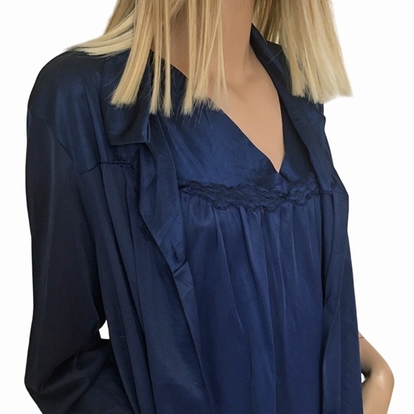 Vintage Vanity Fair Peignoir Set Lingerie Nightgown Robe Navy Sleep Embroidery - Picture 5 of 16